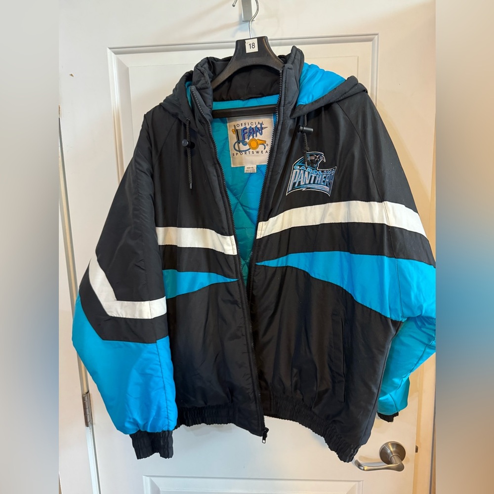1995 vintage Carolina panthers inaugural season NFL colorblocked puffer jacket